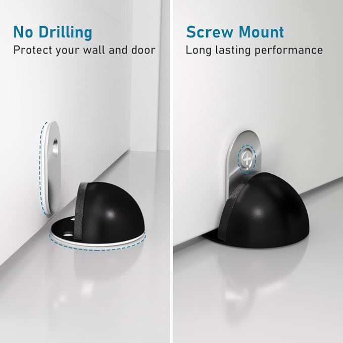 Magnetic Door Stop, Stoppers for Bottom of Door, Self Adhesive No Drill, Floor Doorstops Stainless Steel Door Catch Holder Wall Protector, Black, 4 Pack