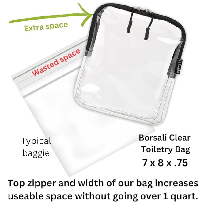 BORSALI TSA Approved Toiletry Bag - Clear Quart Size for 3-1-1 Carry On Travel - Makeup Organizer Cosmetic Pouch with Zipper - Travel Accessories - Black With Handle