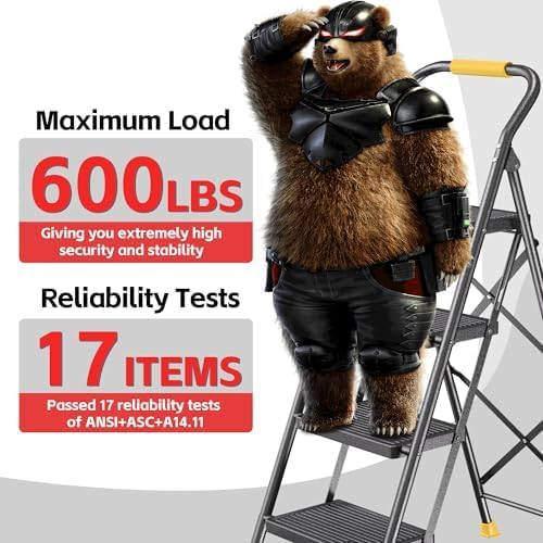 Step Ladder Foldable Folding Stool - for Home Adults Kitchen 4 Stepping Extension Tall Heavy Duty with Handrails - Closet Stepstool Stair Ladders Extendable Stepladder for Indoor House 600Lbs