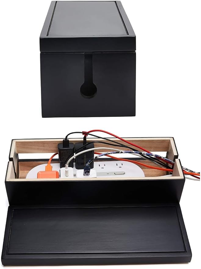 Changsuo Cable Management Box Wooden Cord Organizer Box for Extension Cords, Power Strips, Surge Protectors, and Wire Management. Concealer Organizer Cover Hider for Desktops, Home Offices, and Kitchens (Black)