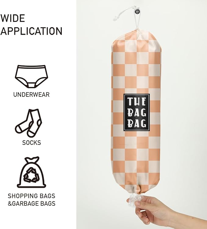 IHopes+ Plastic Bag Holder, Reusable and Washable Grocery Bag Organizer, for Home Kitchen Travelling Camping Decor, 1 Pack, Orange and White Checkerboard Pattern