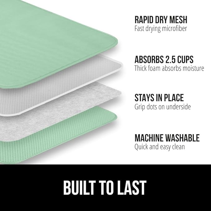 GORILLA GRIP Ultra Water Absorbent Microfiber Dish Drying Mat 2 Pack, Quick Dry Thick Mesh, Slip Resistant Pad for Sink Dishes or Under Rack, Kitchen Counter Accessories, Machine Wash, 18x16, Mint
