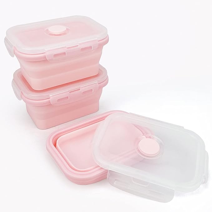 CCyanzi 3-piece Collapsible Food Storage Containers with Lids, Silicone Lunch Container, Microwave & Freezer Safe, Space-Saving for Kitchen Cabinet and Camping Backpack (Pink)