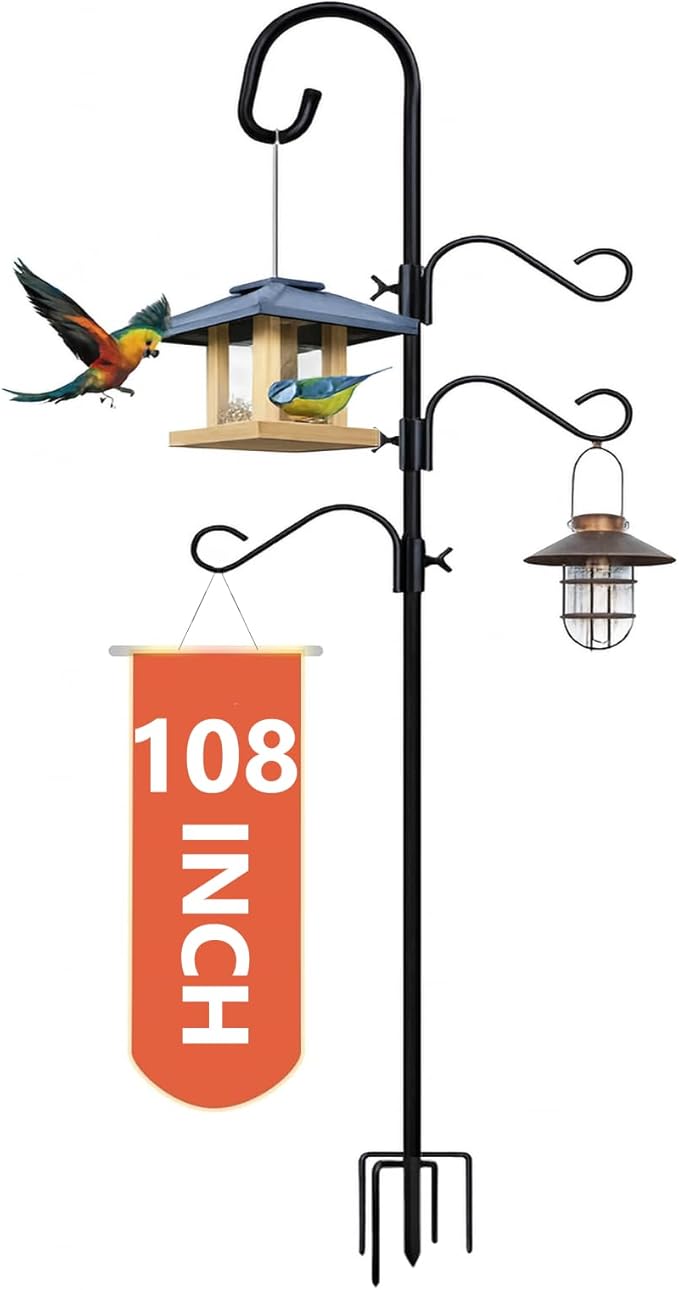 Pvifvi Shepherds Hooks for Outdoor Heavy Duty, 108 Inch Adjustable Bird Feeder Pole with 5 Prong Base, Hummingbird Feeder Stand and Plant Hanger for Garden, Lanterns & Wind Chimes
