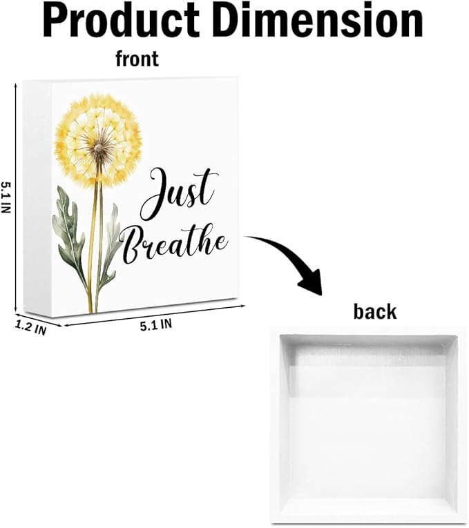 Just Breathe Decorative Wooden Box Sign, dandelion Inspirational Quotes Deco Rustic Farmhouse Home Office Shelf Table Decorations Wood Block Plaque