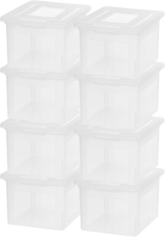 IRIS USA 8 Pack Plastic File Box with Lid for Letter/Legal Files, 35 Quart Stackable Clear Organizer Bin, Built-in File Ledge, Durable & Portable