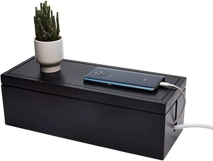 Changsuo Cable Management Box Wooden Cord Organizer Box for Extension Cords, Power Strips, Surge Protectors, and Wire Management. Concealer Organizer Cover Hider for Desktops, Home Offices, and Kitchens (Black)