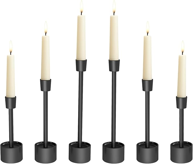 YUMORE Stainless Steel Black Candle Holders Candlestick 6 Packs Tall Taper Pillar Stable Base Stand Holders for Dining Table Wedding Centerpiece Decorations