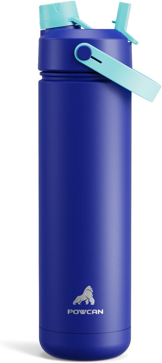 POWCAN 26 oz Insulated Water Bottle with 2-in-1 Straw and Spout Lid, Keep Cold 24H, Leak-Proof, Fits in Car Cup Holder, Stainless Steel Water Bottle for Sports, Travel, Gym, and School (Coastline)