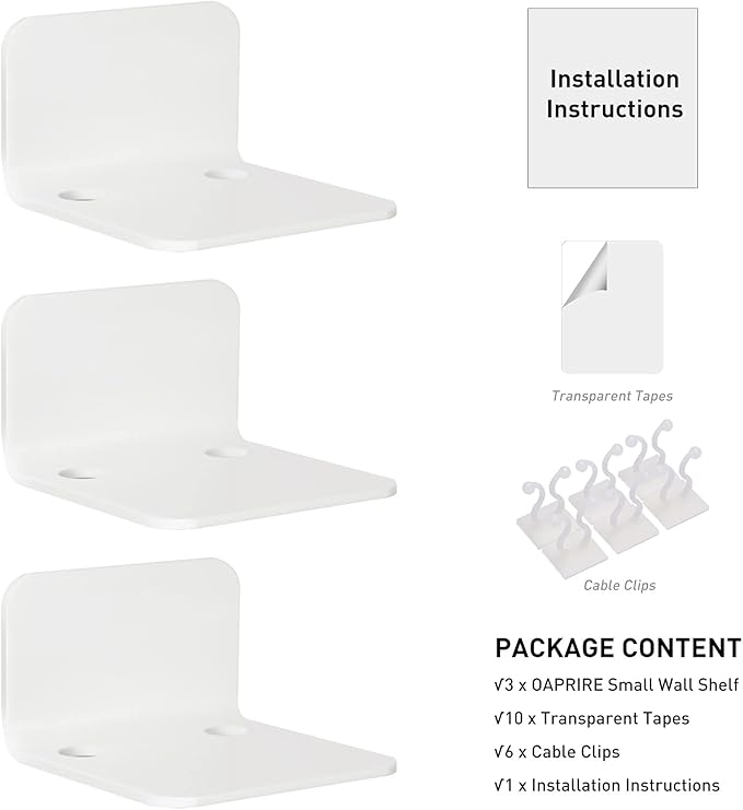 OAPRIRE White Floating Wall Shelves Set of 3 for Security Cameras, Baby Monitors, Speakers & More - Universal Acrylic Small Wall Shelf with Cable Clips, 10-Piece Strong Tapes, No Drill