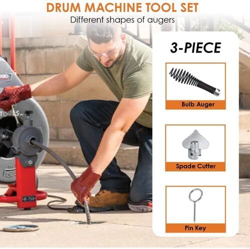 RIDGID 12128 3-Piece Tool Set for Model K-400 & K-3800 Drain Cleaning Drum Machine with Bulb Auger, T-211 Spade Cutter, and A-13 Pin Key