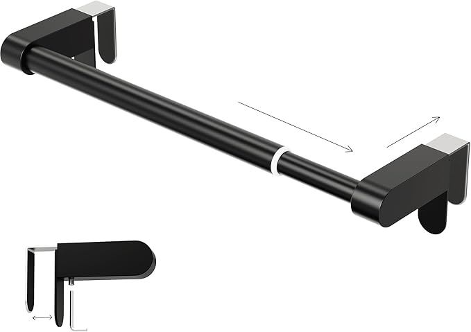VEHHE Kitchen Towel Holder, Retractable Kitchen Towel Rack, Hooks Adjustable to Cabinet Door Thickness, Dish Towels Holder with EVA Pad, Over The Door Towels Rack, L10.4~16.9 X W2.8 X H2.4 in (Black)
