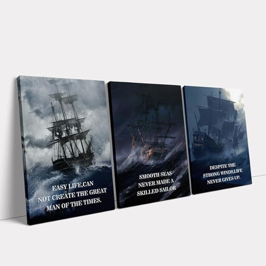 KAWAHONE Motivational Quotes Wall Art, Smooth Seas Never Made a Skilled Sailor Inspirational Wall Art Office Decor, Positive Quotes Wall Art for Living Room Bedroom, Office, Home, Gym