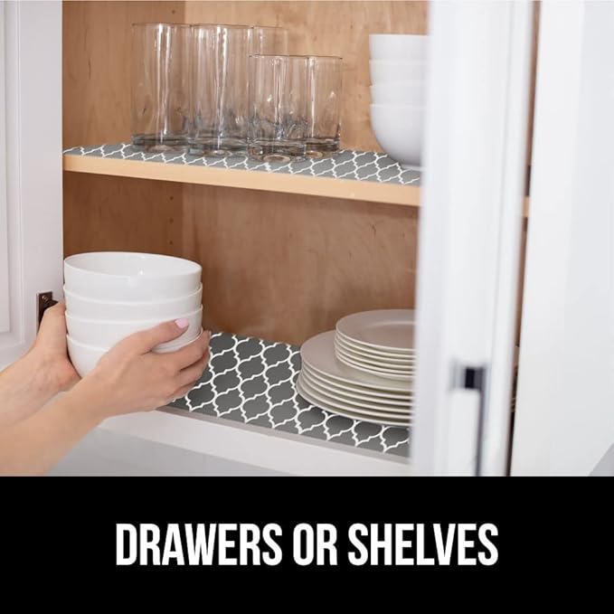 GORILLA GRIP DripGuard Shelf Liner, Non-Adhesive Drawer and Kitchen Cabinet Protector, Strong Grip Slip Resistant Underside, Smooth Surface Liners for Cabinets, Bathroom Closets, 12x240 In, White Gray