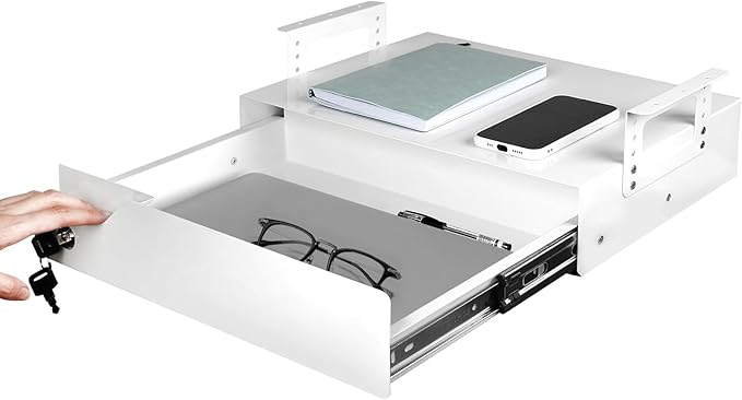 Under Desk Drawer Organizer Lockable, Metal Undermount Table Drawer Upgrade with Adjustable Brackets, Sliding Pull-Out Storage 17.3"x11.8"x5.4", White