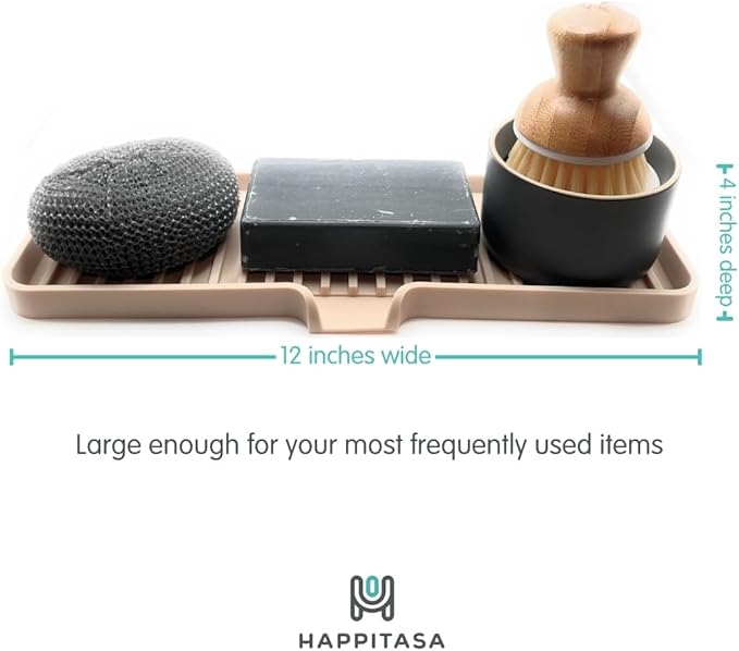 Happitasa Silicone Soap Dish Tray and Sponge Holder with Drain Chute | Bathroom and Kitchen Sink Organizer Caddy (Pistachio, 12"x4", 7.4 Ounces)