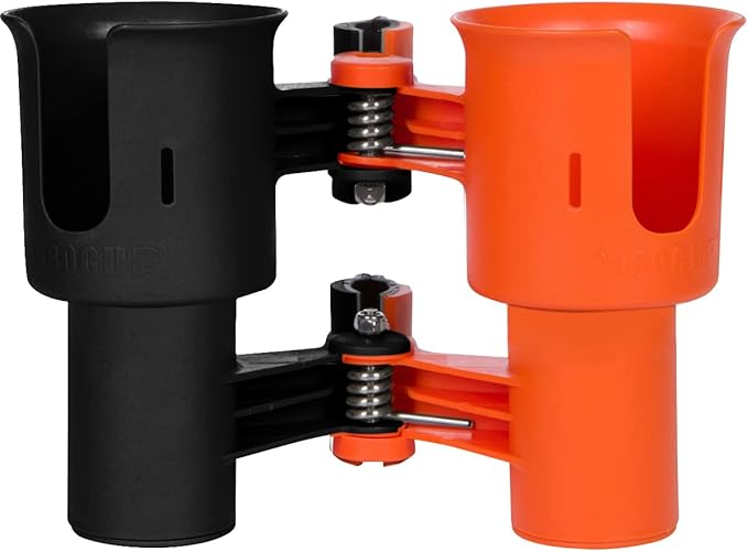 ROBOCUP, (Orange & Black), Patented Clamp On Boat Cup Holder |Multifunction Dual Drink Caddy for Fishing Poles, Tools, Net, Gaff |Portable Storage for Boating, Beach, Umbrellas, Golf Carts, Strollers