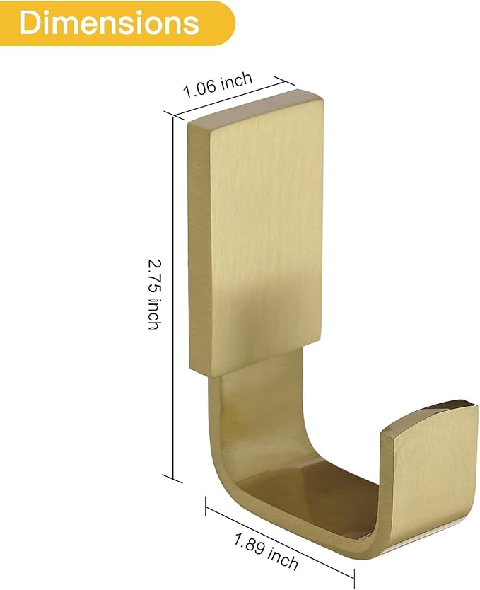 BESy Brass Clothes Hook Single Towel Hook for Bathroom Kitchen Garage Square Style Robe Hooks Coat and Hat Hook, Self Adhesive with Glue or Wall Mounted with Screws, Brushed Gold