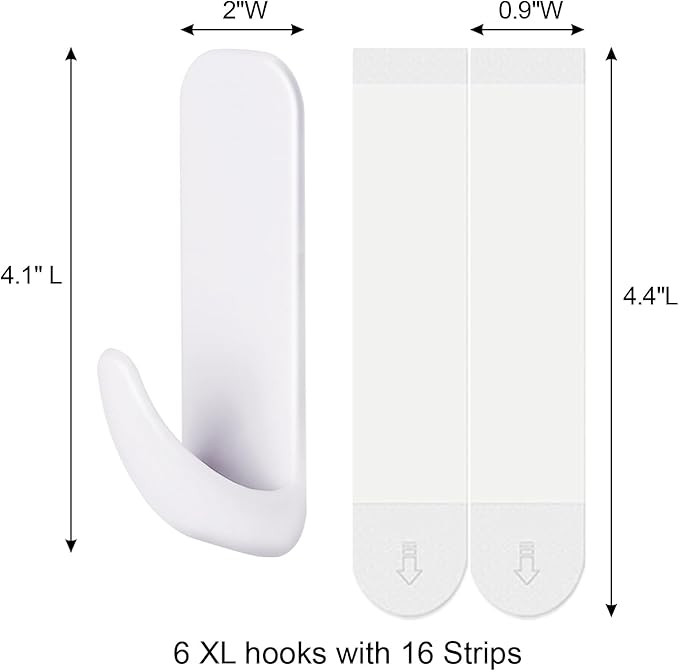 JulyWind Wall Hooks for Hanging Heavy Duty 6pcs, Towel Hanger for Bathroom with 16 no Damage Adhesive Strips X-Large, Dorm Essentials for Wreath, Hat, Coat