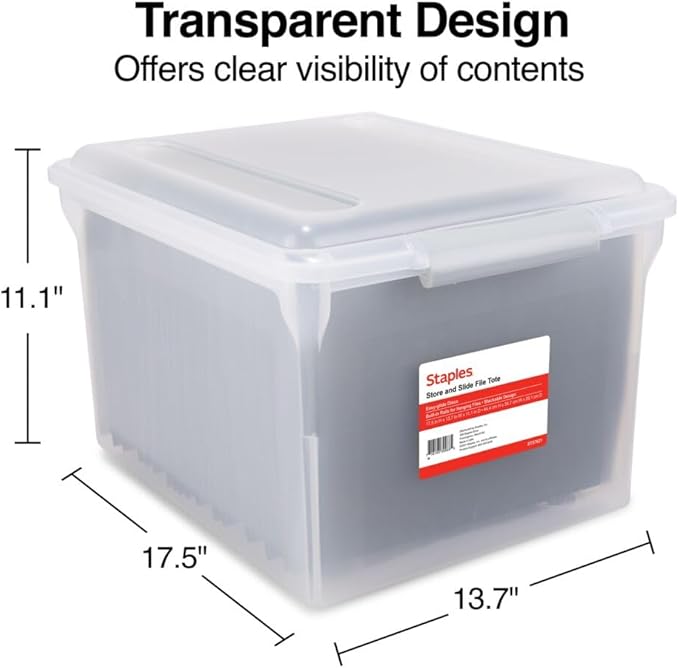 STAPLES Store & Slide Plastic File Box Latching, Letter/Legal Size, Clear, 4/Carton