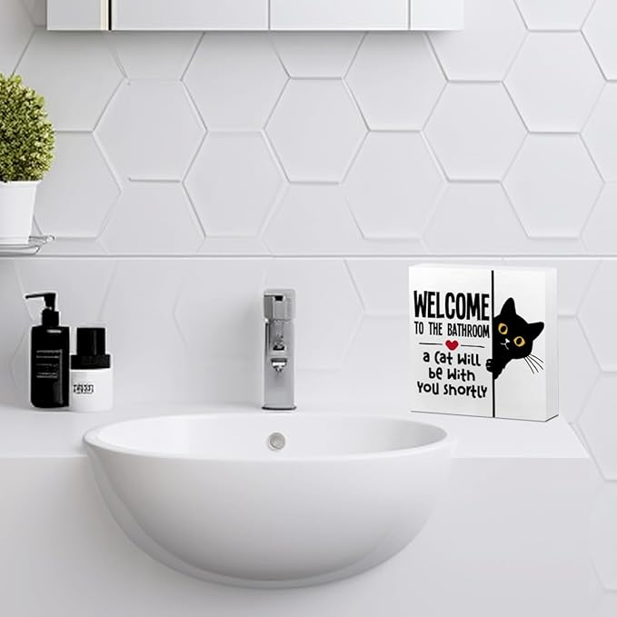 Funny Cat Bathroom Decor White Wooden Box Decorative Signs, Humorous Decorations for Bathroom Home Shelf, Wood Box Sign Cat Lover Gifts for Women Men Friends, 5.1x5.1Inch