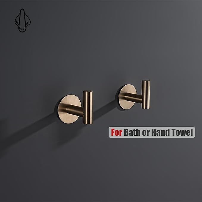 JQK Self-Adhesive Towel Hook Champagne Bronze, No Drill Stick-on Coat Robe Clothes Wall Hook for Bathroom, 2 Pack, 304 Stainless Steel, ATH110-CB-P2