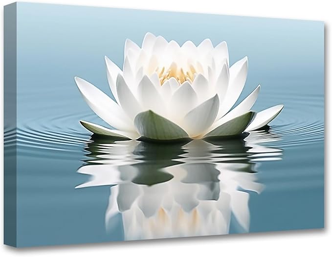 LZIMU Zen Canvas Wall Art White Lotus Flower Bloom in Water Picture Prints Teal Blue Artwork Bathroom Decor Framed for Yoga Spa Meditation Room (Zen-3, 20"x30")