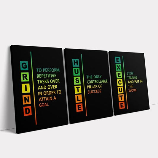 KAWAHONE Motivational Canvas Wall Art, Hustle Grind Execute Wall Art Decor, Black and White Positive Motivational Poster Framed Inspirational Entrepreneurs Painting Prints Quotes Poster for Office Workplace