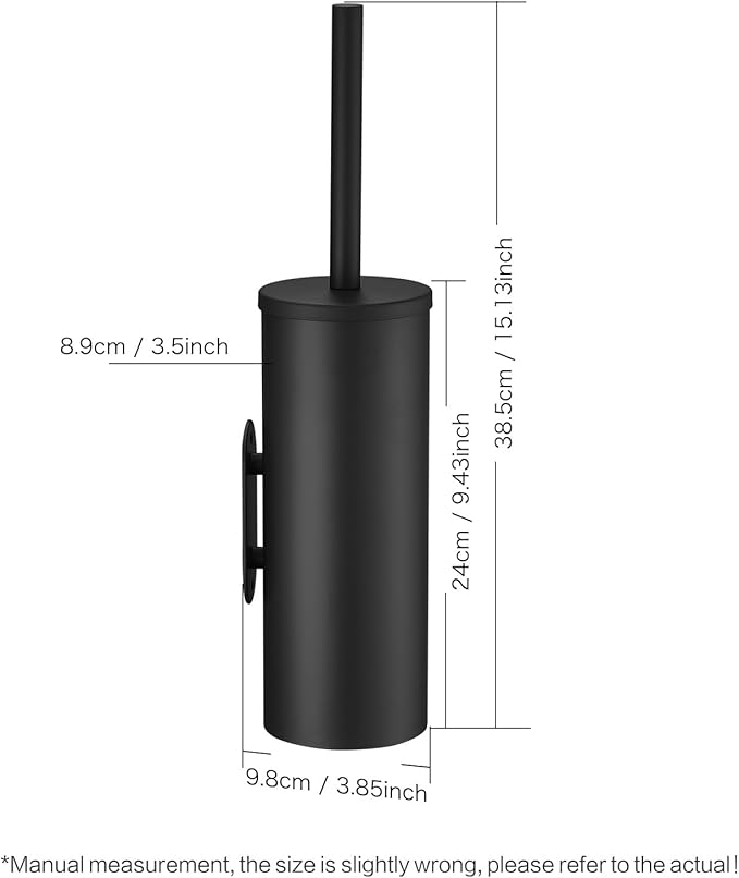Toilet Bowl Brush and Holder, 304 Stainless Steel No-Punch Hook Base Dual-Purpose Toilet Brush Holder with Removable Inner Bucket and Splash Cover - Soft Bristles (Black)
