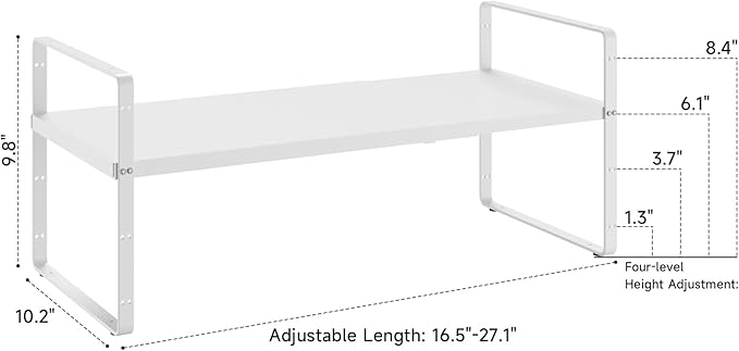 taiheis 16.5~27.1" Expandable Shelf Organizer, 2Pack 10.2" Wide Stackable Cabinet Shelf Organizers, White Metal Sturdy Kitchen Counter Storage for Countertop, Adjustable Height Spice Rack