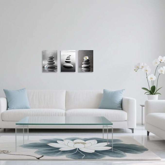 CCWORKERRY 3PCS Zen Stones Canvas Wall Art Black and White Zen Stone Painting Calming Meditation Wall Decor for Yoga Studio Office Spa Bathroom (gray,24W x36L x3)