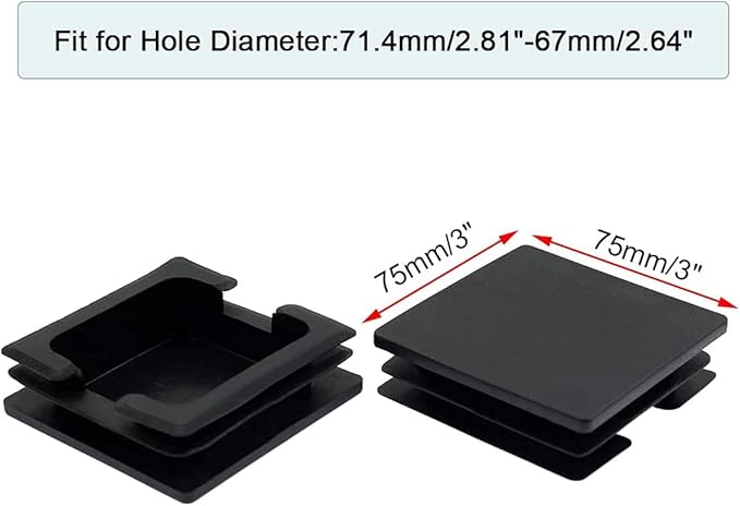 Black Plastic 3 Inch Square Plugs Tubing End Cap - Square Tubing Chair Glide Inserts for Fitness Equipment (8 Pcs)