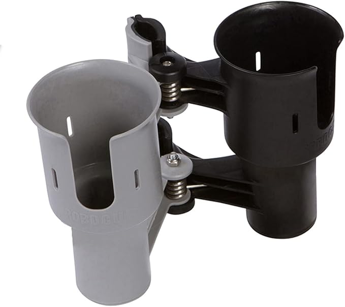 ROBOCUP, (Black&Gray), Patented Clamp On Boat Cup Holder | Multifunction Dual Drink Caddy for Fishing Poles, Tools, Net, Gaff | Portable Storage for Boating, Beach, Umbrellas, Golf Carts, Strollers