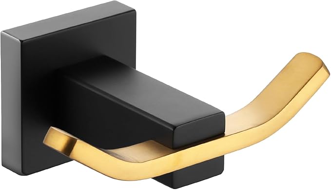 WOWOW Towel Hooks for Bathrooms Black and Gold, SUS304 Stainless Steel Coat Hook, Bathroom Robe Towel Holder, Heavy Duty Robe Hooks, Bathroom Double Towel Hooks for Coats, Sponges, Wall Mount