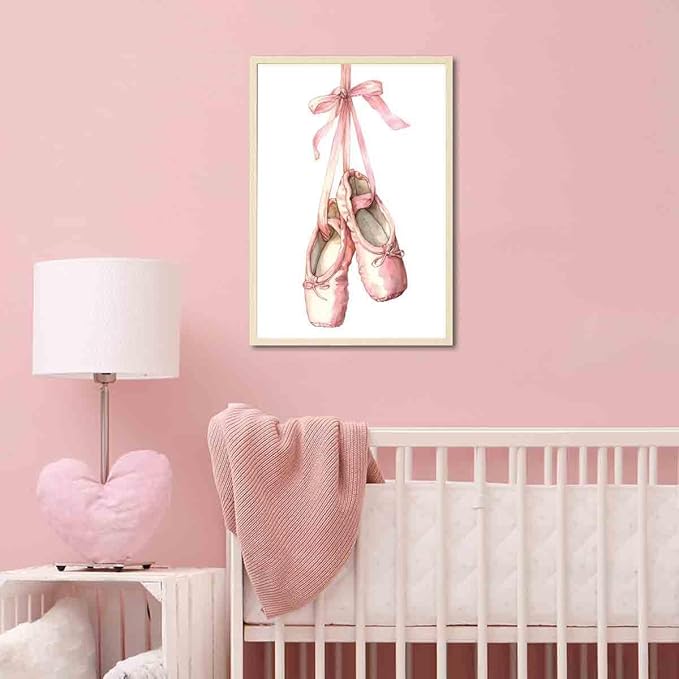 Mostemauo Ballet Shoes Painting Dancer Wall Art Ballet Pictures Pink Bow Pictures Elegant Vintage Wall Art Aesthetics Watercolor Painting Trendy Modern Abstract Girls' Room Decor 16x24inch No Frame