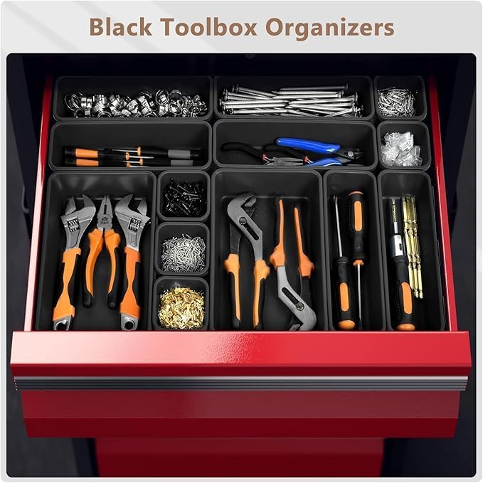 A-LUGEI【Large Size】【5 Pcs】 Tool Box Organizer Tray Divider【Single Size】 Black Plastic Desk Drawer Organizer Garage Organization for Wrench Plier Hammer Bit Socket Extension Screwdriver Bolt Hex key