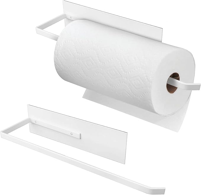 Paper Towel Holder Magnetic, Magnetic Paper Towel Holder for Fridge, Toilet Paper Roll Holder Magnet Towel Rack Wall Mount Shelf Bar for Towels Rolls Home Kitchen RV Dorm Wall Decor, White 2 Pack