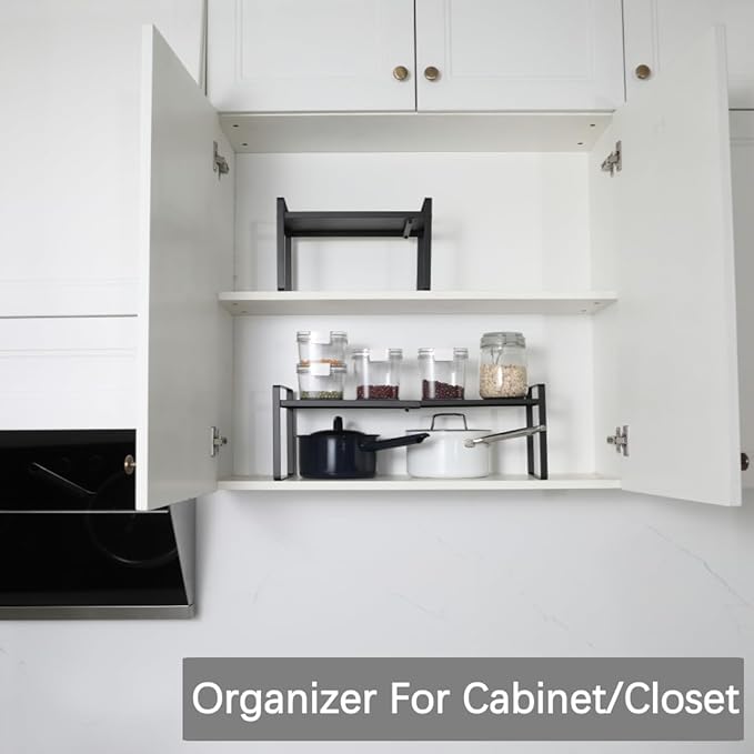 Expandable Cabinet Shelf Organizer Riser for Kitchen Pantry Cupboard Under Sink Countertop (Black, 8.2"D * 12.2-21.6"W * 7.7"H)