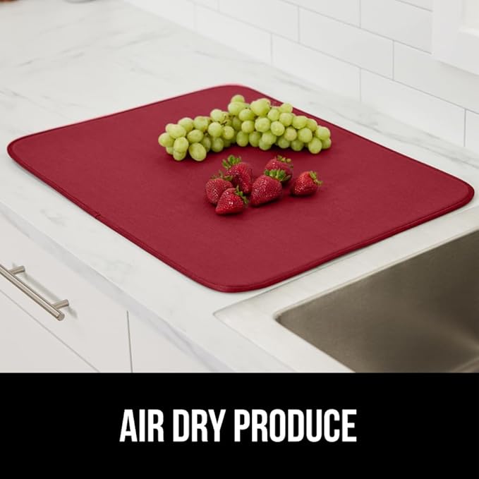 GORILLA GRIP Ultra Water Absorbent Microfiber Dish Drying Mat, 18x24, Quick Dry Thick Mesh, Slip Resistant Pad for Sink Dishes or Under Rack, Kitchen Counter Accessories, Machine Wash Mats, Red