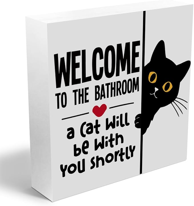 Funny Cat Bathroom Decor White Wooden Box Decorative Signs, Humorous Decorations for Bathroom Home Shelf, Wood Box Sign Cat Lover Gifts for Women Men Friends, 5.1x5.1Inch