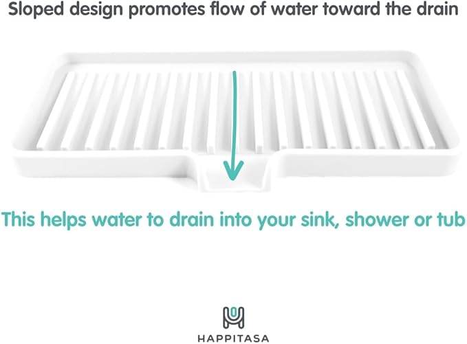 Happitasa Silicone Soap Dish Tray and Sponge Holder with Drain Chute | Bathroom and Kitchen Sink Organizer Caddy (Smoky Blue, 9"x3.5", 5.6 Ounces)