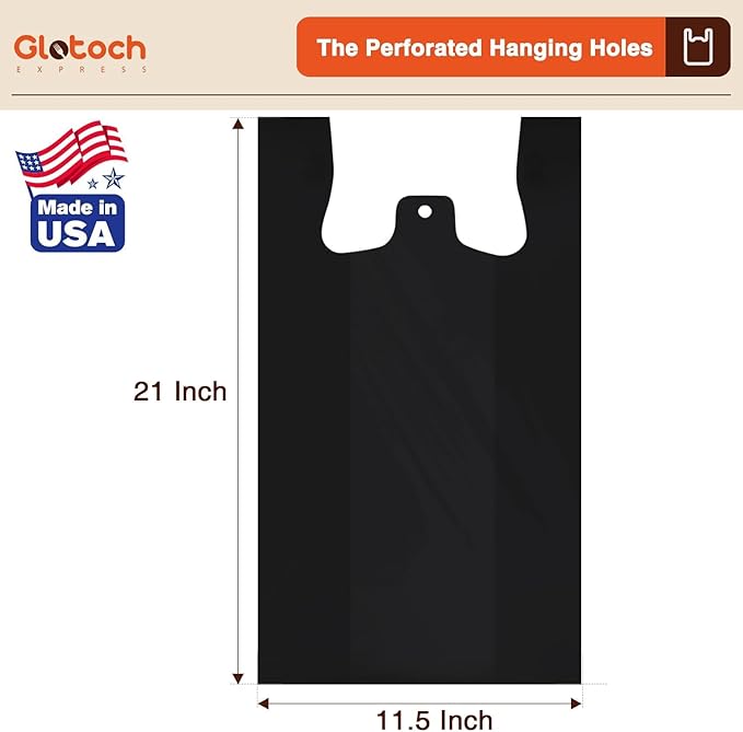 Glotoch 1000 Count Plastic T-shirt Bags Plain Black, 11.5 x 6.5 x 21" Grocery Shopping Bags with Handles for Restaurant, Retail, Takeout, Convenience Stores, Kitchen Trash, in Bulk for Small Business