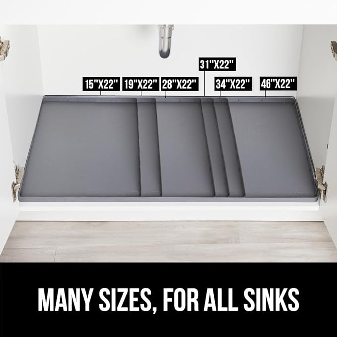 GORILLA GRIP Waterproof Silicone Under Sink Mat with Raised Lip for Kitchen and Bathroom, Cabinet Shelf Liner Stay in Place Mats Dishwasher Safe Drawer Liner, Organizer Tray, 15 x 22 in, Gray