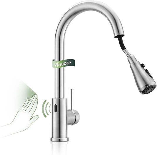 Touchless Kitchen Faucet, VFAUOSIT Kitchen Sink Faucet with Pull Down Sprayer Brushed Nickel Motion Sensor Smart Hands-Free, Stainless Steel Single Hole Faucet for Bar Laundry RV Bathroom Sink