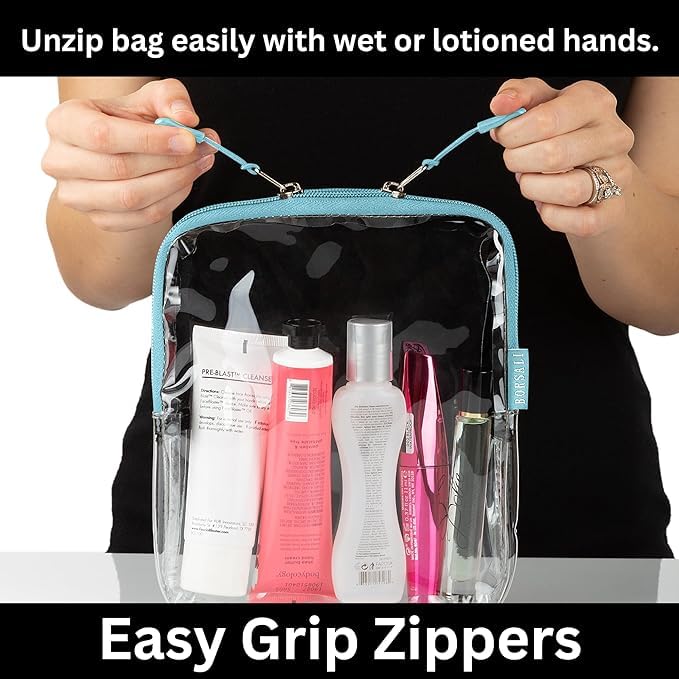 BORSALI TSA Approved Toiletry Bag - Clear Quart Size for 3-1-1 Carry On Travel - Makeup Organizer Cosmetic Pouch with Zipper - Travel Accessories - Rose & Blue 2 Pack