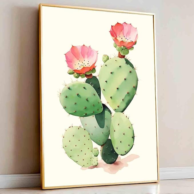 Cactus Flower Poster Western Desert Wall Art Pink Flower Painting Watercolor Flowers Picture Botanical Floral Prints Mexican Desert Art Abstract Cactus Canvas Living Room Decor 16x24inch No Frame