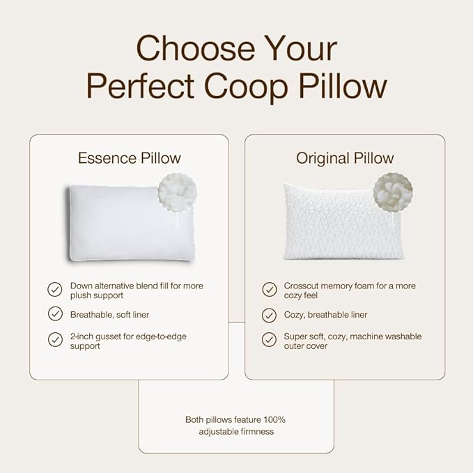 Coop Home Goods Essence Down Alternative Pillow Set of 2, Queen Size, Best Pillows for Sleeping, Adjustable Alternative to Down Pillows, Luxury Hotel Pillow for Back, Stomach or Side Sleepers