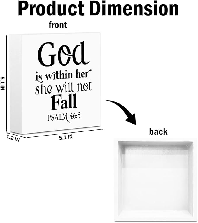 God is Within Her She Will Not Fall, Christian Gifts Wooden Box Sign, Christian Bible Verse Religious Decor Rustic Farmhouse Home Office Table Decorations Wood Block Plaque