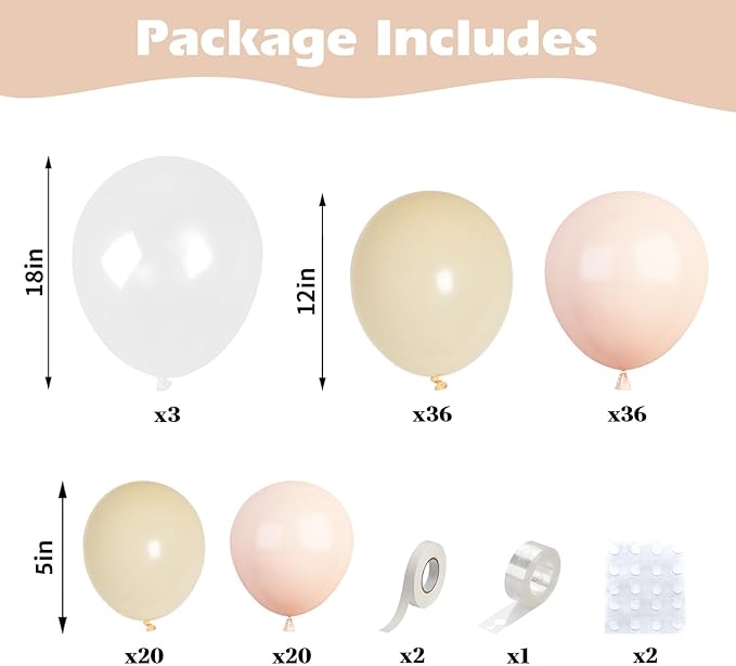 Boho Balloon Arch,Beige Balloons Garland Arch Kit,120Pcs Peach Ivory White Latex Balloons with 18/12/5 Inch Different Sizes for Bridal Baby Shower Girl Birthday Wedding Decorations