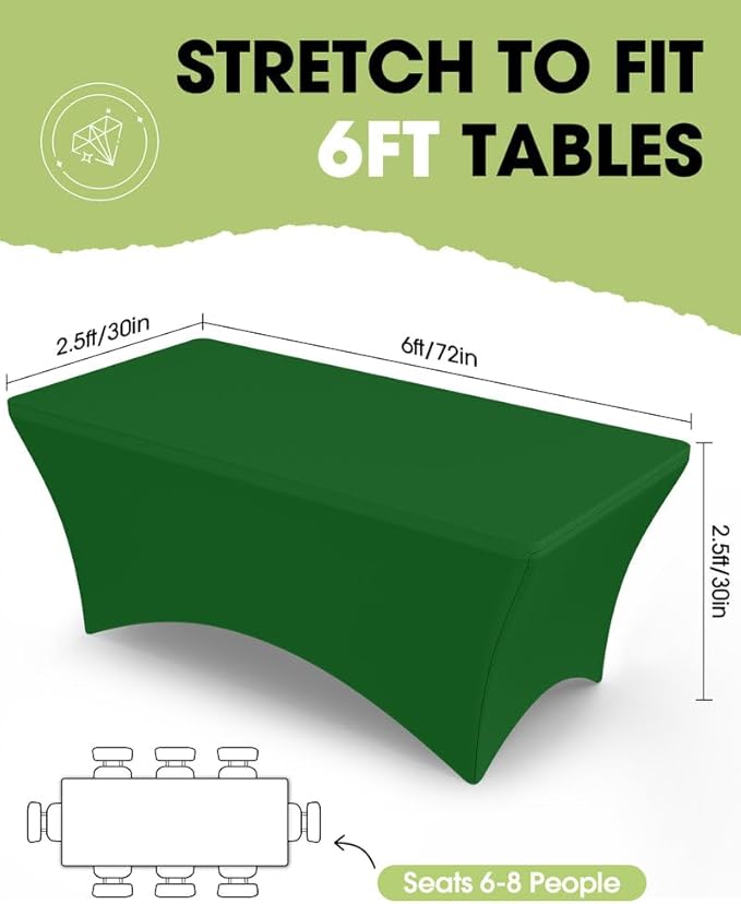 Pureegg Spandex Tablecloth 6ft - 2 Pack, Fitted and Tight Cloth for Rectangle Table, Wrinkle-Free and Stretch Table Cover for Party, Wedding, Banquet and Birthday, Green